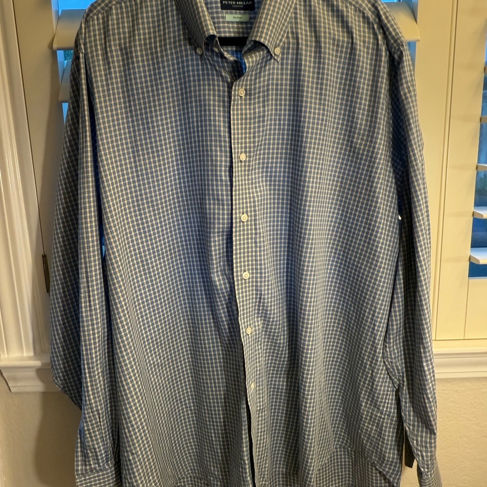 Peter Millar Collection XFlex Finish Blue White Checkered Button Down Shirt XL